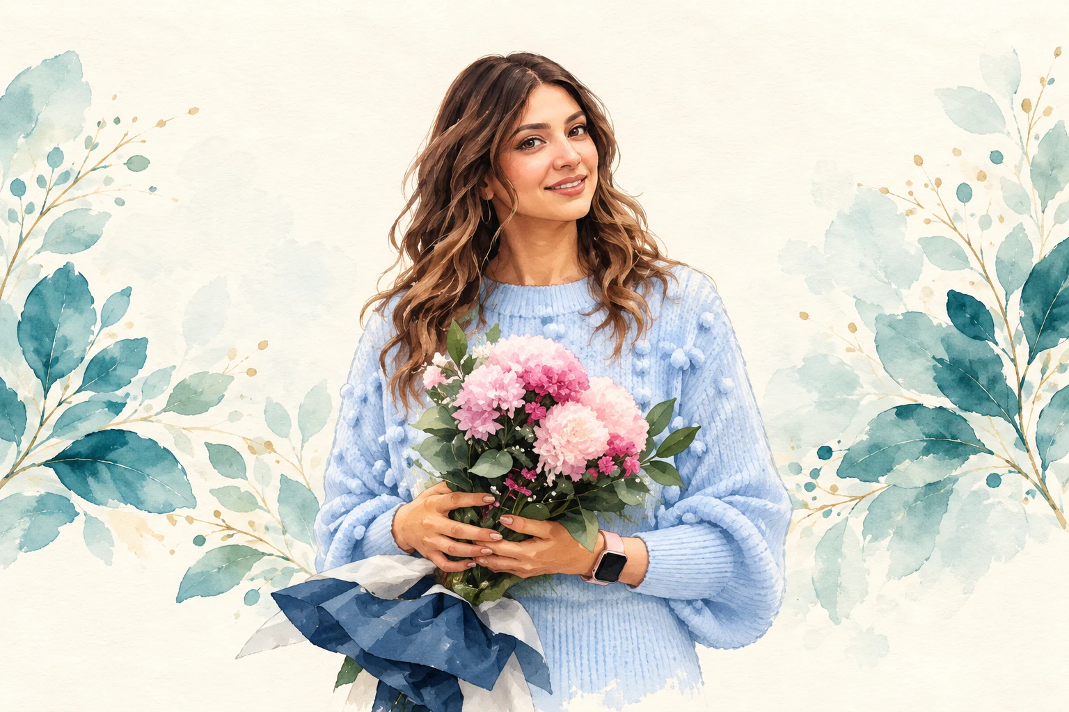 Welcoming watercolour portrait with pink flowers and teal foliage
